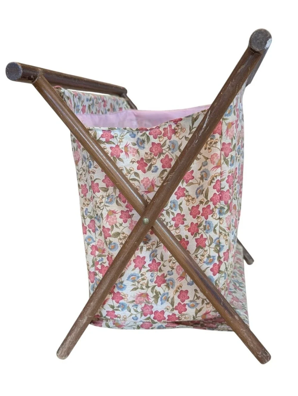 Vintage mid-century folding wooden sewing basket, knitting caddy, craft tote